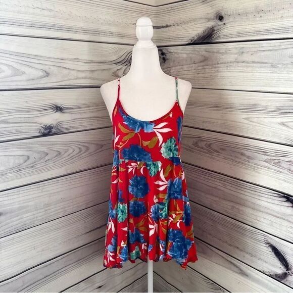 Audrey 3+1 Tops - Audrey 3+1 Red & Blue Floral Print Tunic Length Tank Top